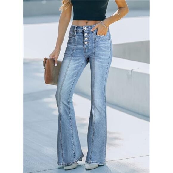 Light Blue Flare Bell Bottom Jeans Wide Leg Button High Waist Bootcut Jeans - Picture 3 of 8